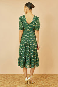 Yumi Green Gold Foil Spot Midi Dress with Alluring Scoop Back