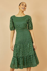 Yumi Green Gold Foil Spot Midi Dress with Alluring Scoop Back