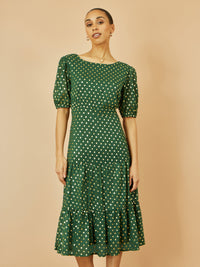 Yumi Green Gold Foil Spot Midi Dress with Alluring Scoop Back