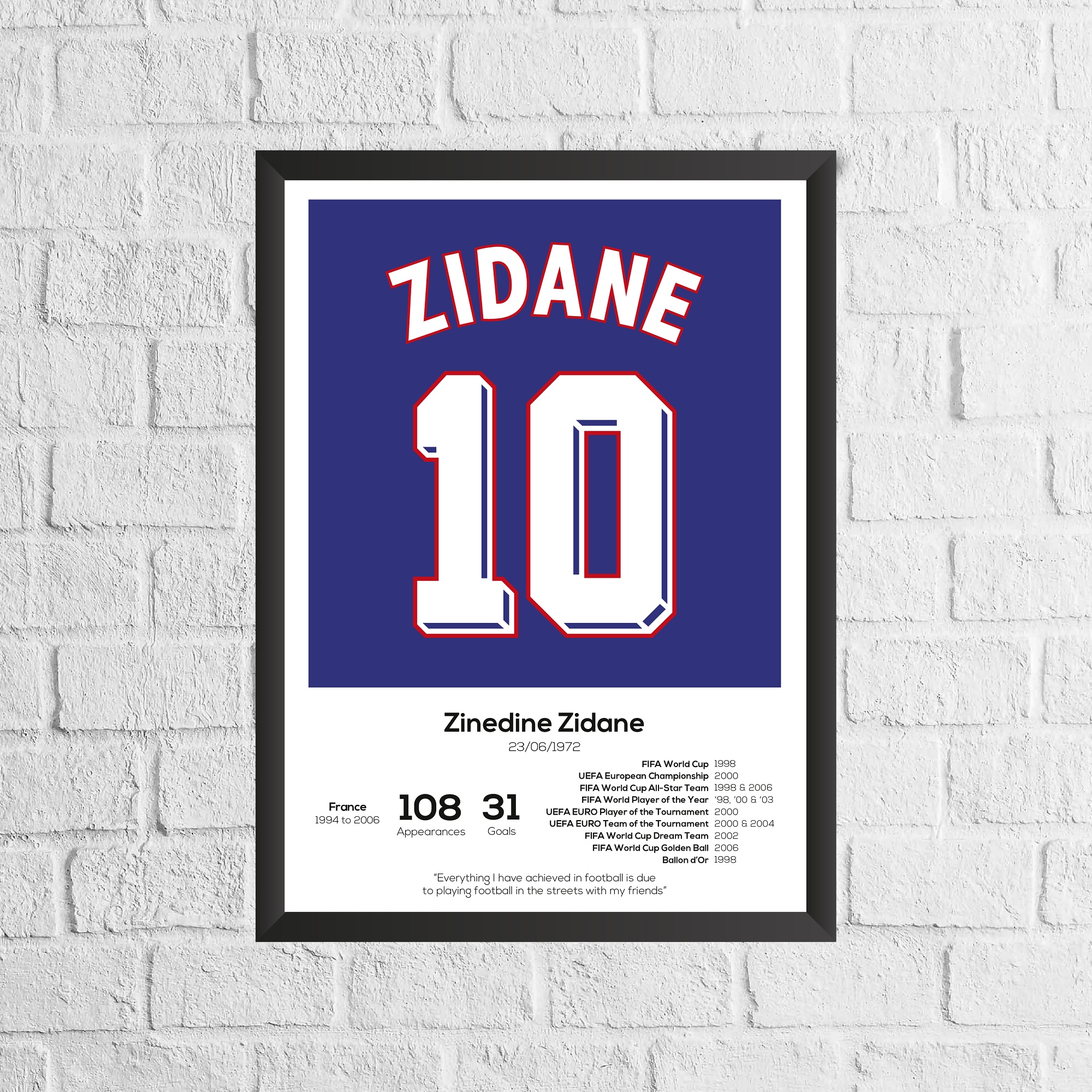 Zinedine Zidane France Legend Stats Print