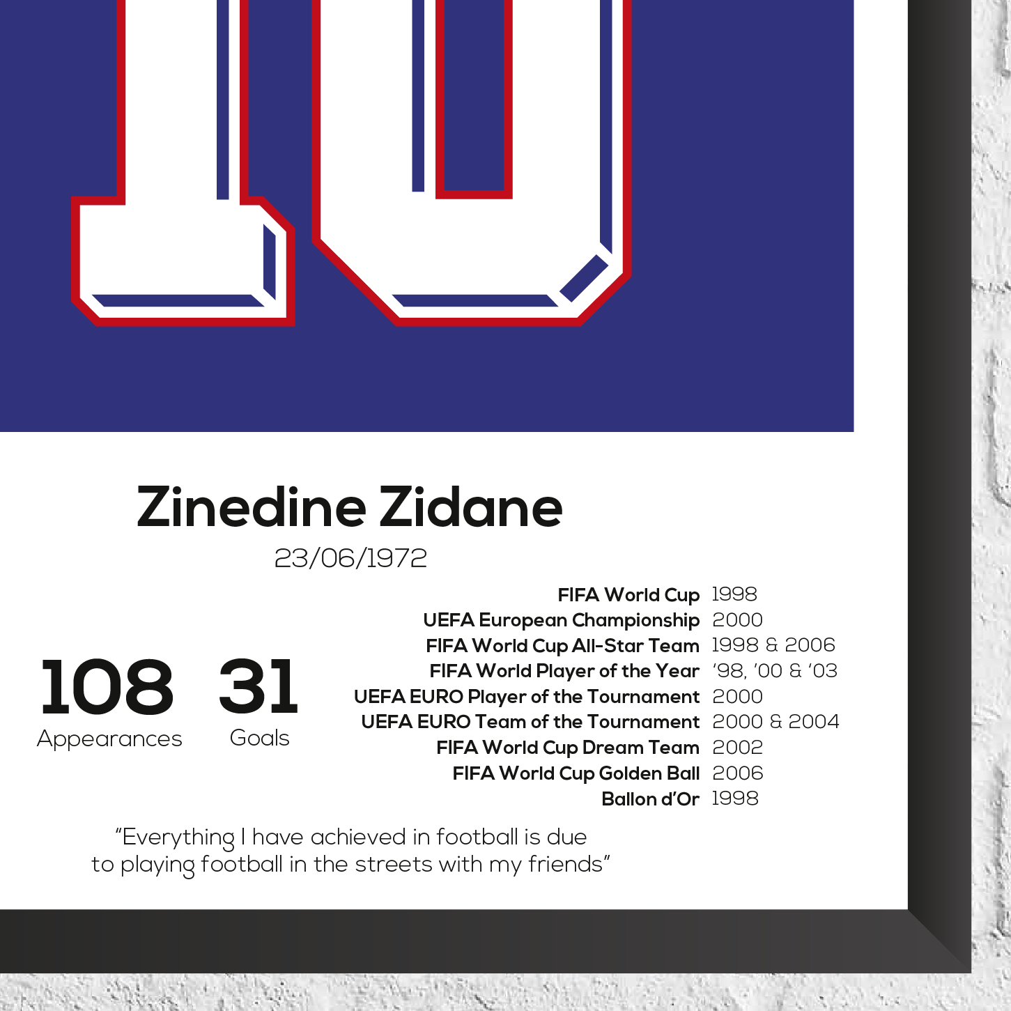 Zinedine Zidane France Legend Stats Print