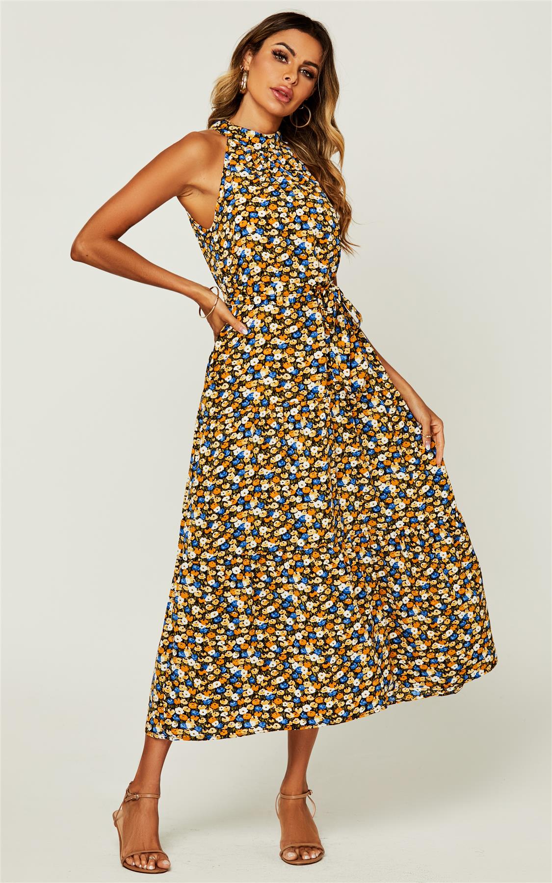 Flora Print Halter Neck Maxi Layer Dress In Black