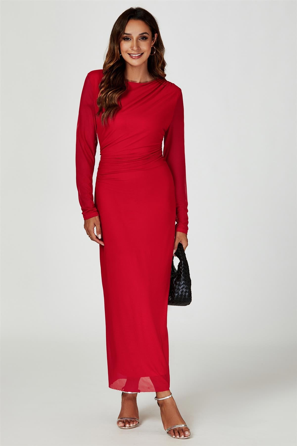 Long Sleeves Mesh Midi Dress In Red
