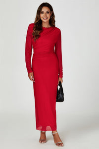 Long Sleeves Mesh Midi Dress In Red