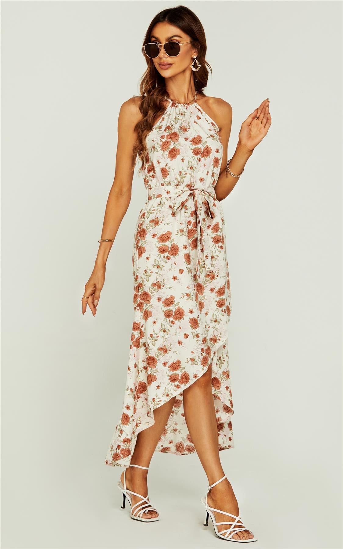 Rose Print Hight Low Spilt Halterneck Tiered Maxi Dress In White