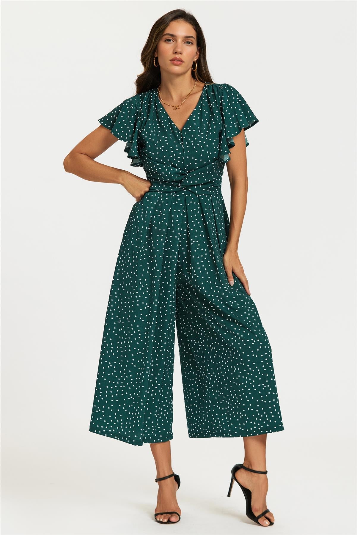 Polka Dot Angel Sleeve Twist Jumpsuit In Green