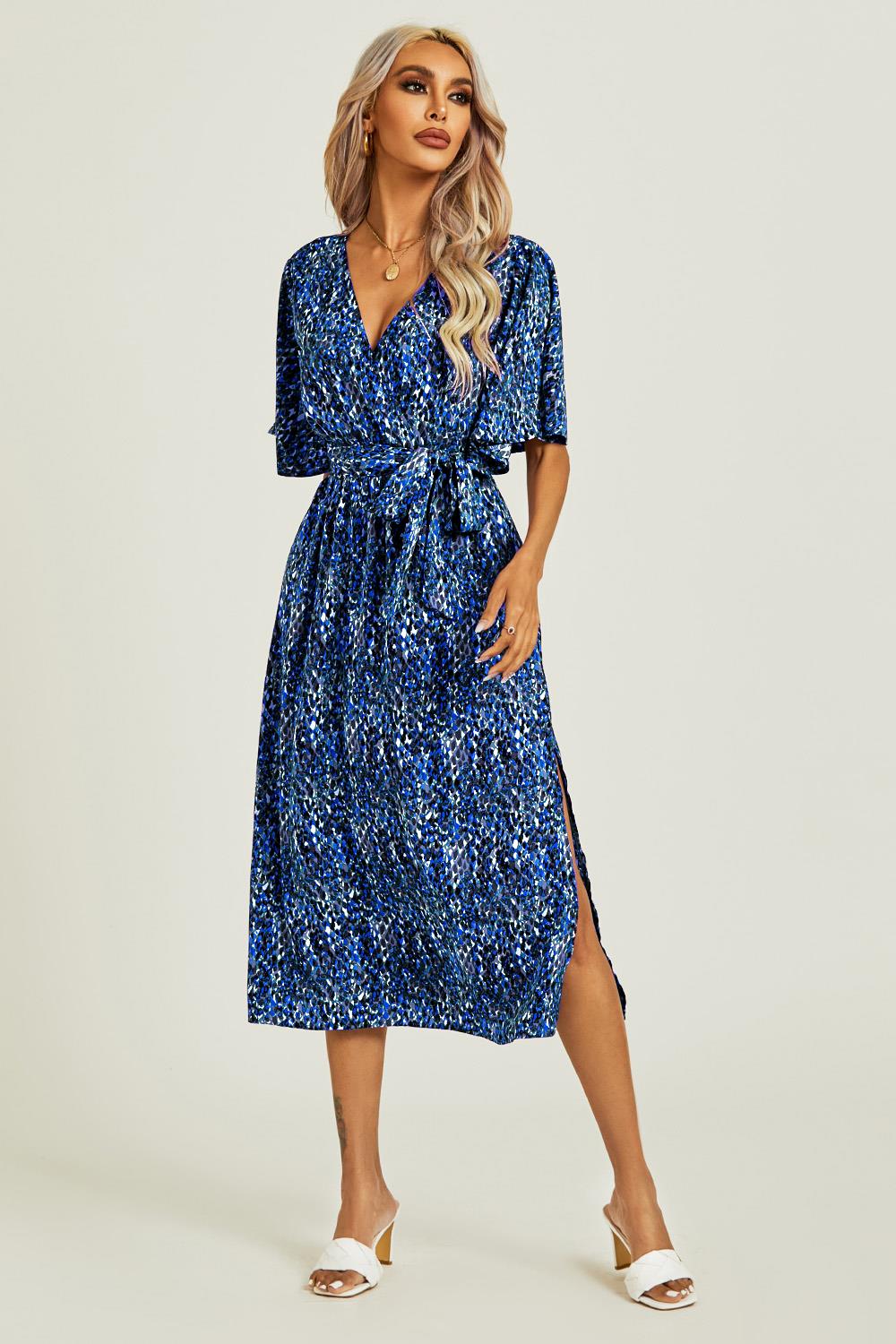 Angel Sleeve Wrap Top Midi Dress In Navy Blue