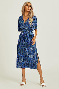 Angel Sleeve Wrap Top Midi Dress In Navy Blue