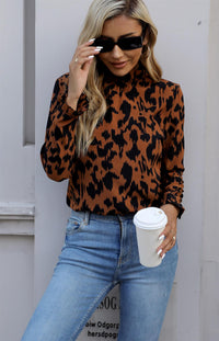Frill Detail High Neck Top In Camel Brown & Black Leopard Animal Print