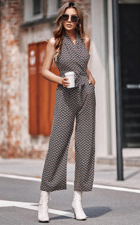 Belted Wrap Jumpsuit In Navy Mix Printed