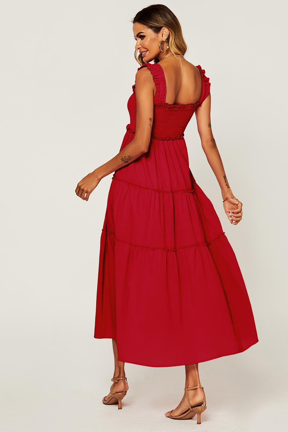 Hem Detail Tiered Maxi Dress In Fuchsia Red