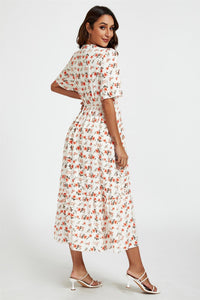 Red Floral Print Lace Detail Angel Sleeve Midi Dress In Cream