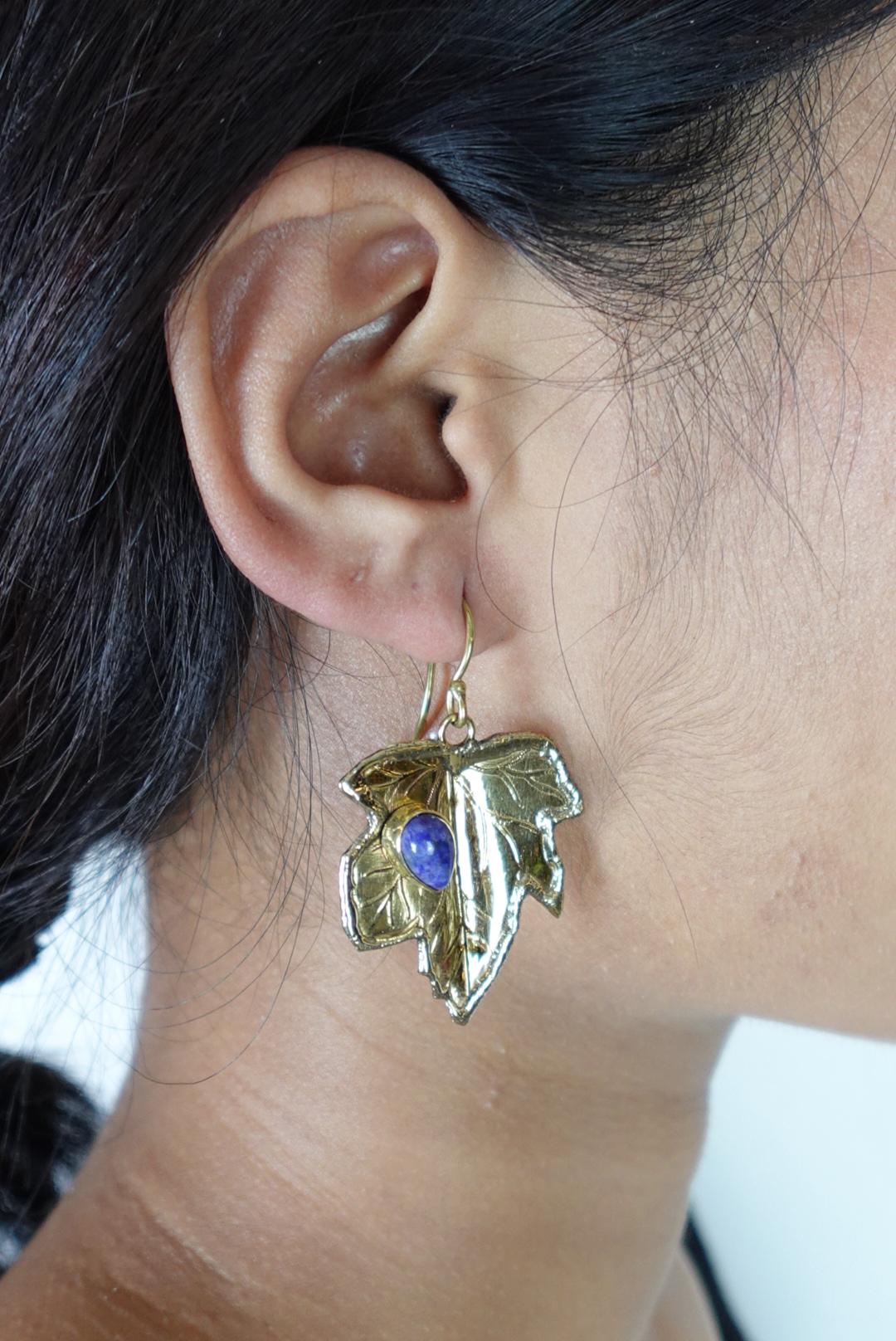 Brass Leaf Dangle Earrings - Nature-Inspired Brass Leaves with Blue Lapis/Labradorite Accents.