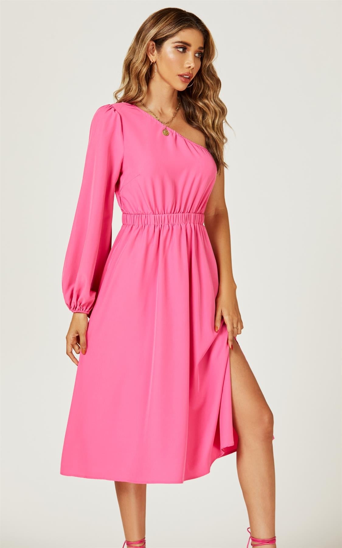 One Shoulder Split Leg Midi Dress In Fuchsia Print
