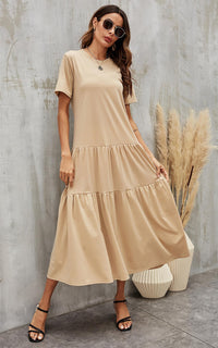 Tiered Midi Oversized Tshirt Dress In Beige
