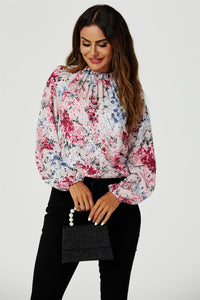 Floral Print Long Sleeve Frill High Neck Top In Pink