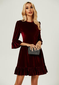 Velvet Frill Detail Mini Dress In Wine