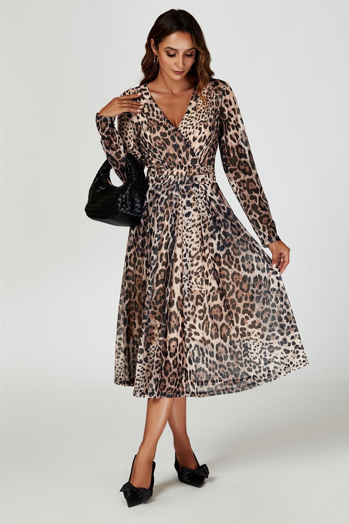 Leopard Print Mesh Midi Dress In Brown