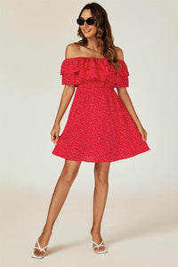 Polka Dot Bardot Frill Mini Dress In Red