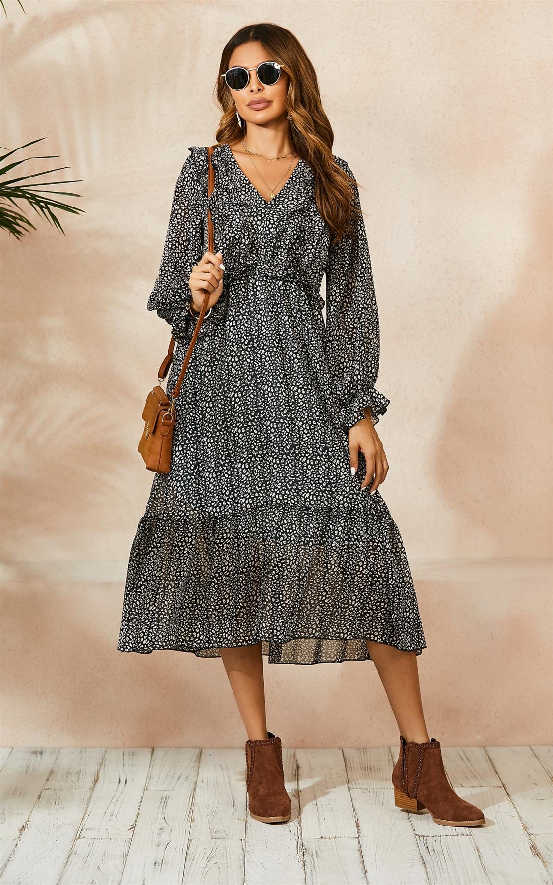 Ruffled Chiffon Mini Dress In Black & White Leopard Print