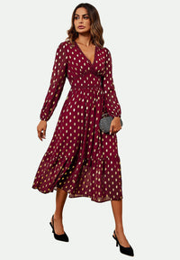 Lace Trim Foil Long Sleeve Maxi Dress In Wine