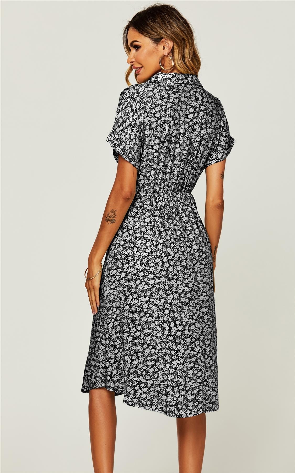 Relaxed Floral Print Button Down Midi Shirt Dress With Tie Waist