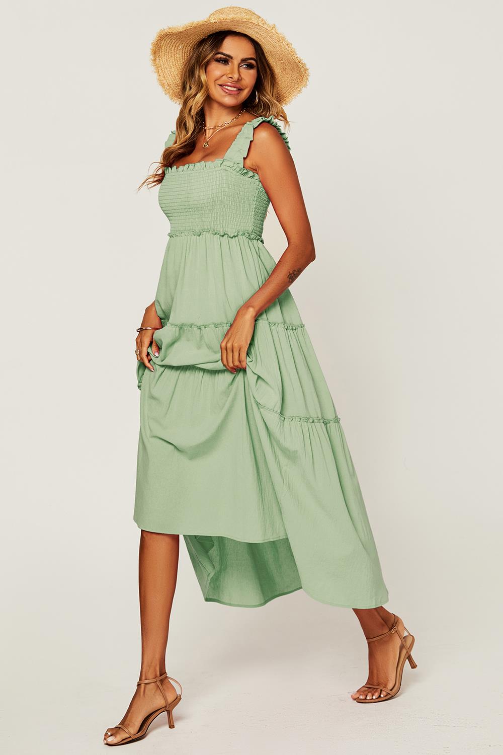 Hem Detail Tiered Maxi Dress In Light Green