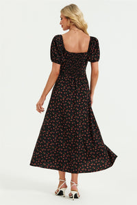 Puff Sleeve Heart Neckline Midi Dress In Black