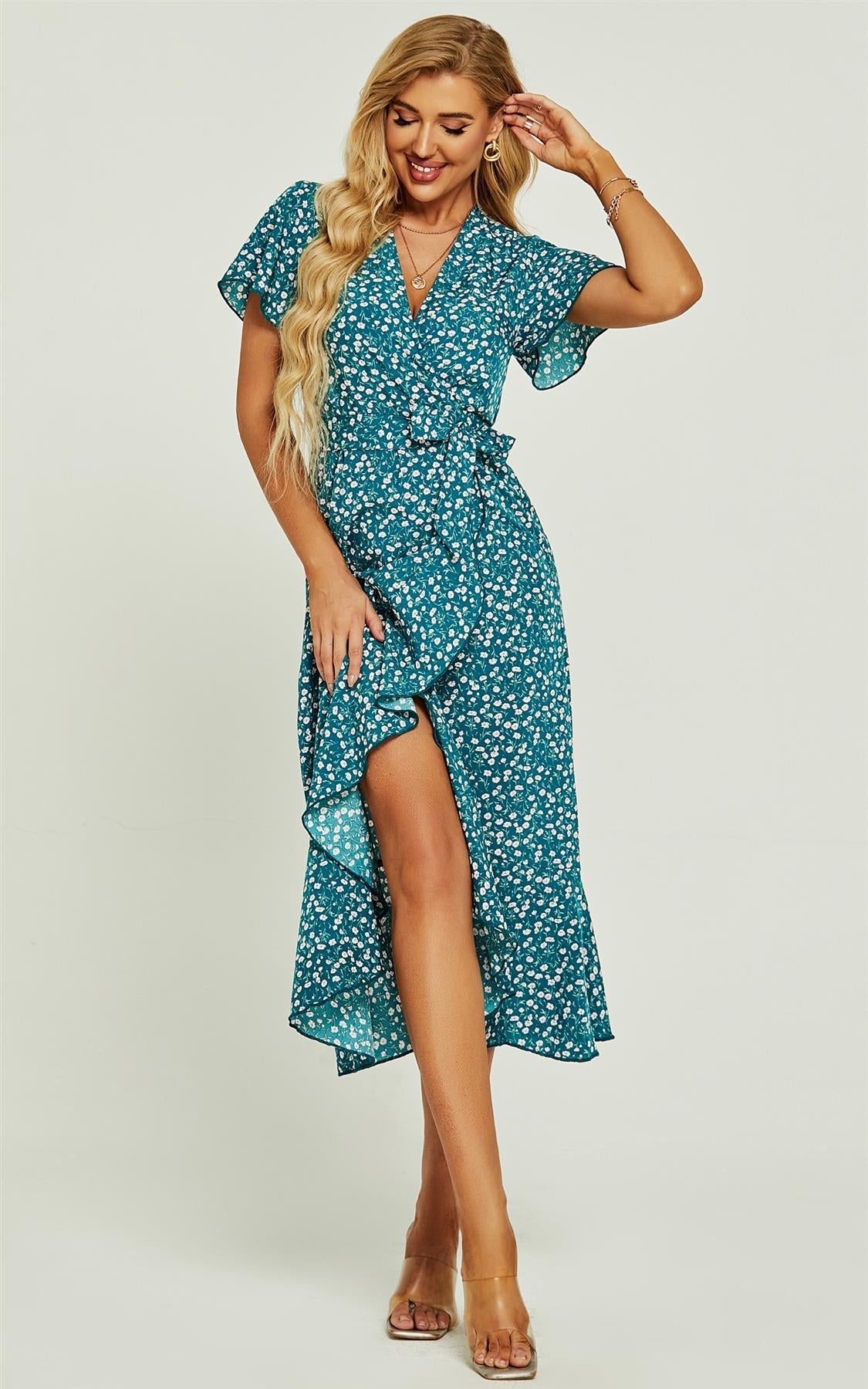 Angel Sleeve Wrap Midi Dress In Green Floral Print