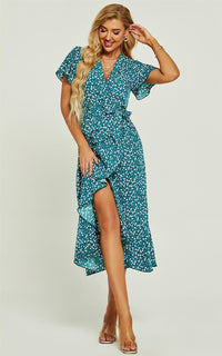 Angel Sleeve Wrap Midi Dress In Green Floral Print