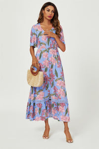 Floral Print Lace Detail Maxi Dress In Blue
