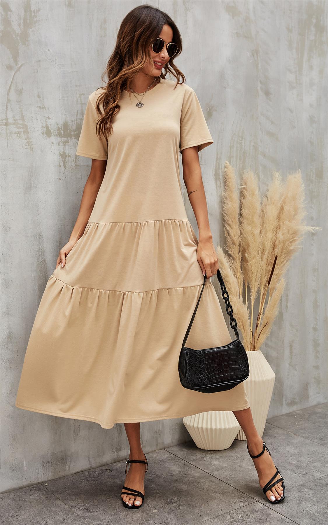 Tiered Midi Oversized Tshirt Dress In Beige