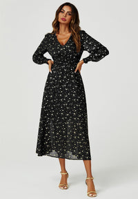 Gold Star Foil Long Sleeve Maxi Dress In Black