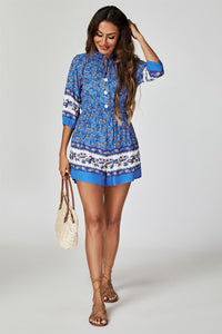 Floral Print Boho Playsuit With Buttons In Blue