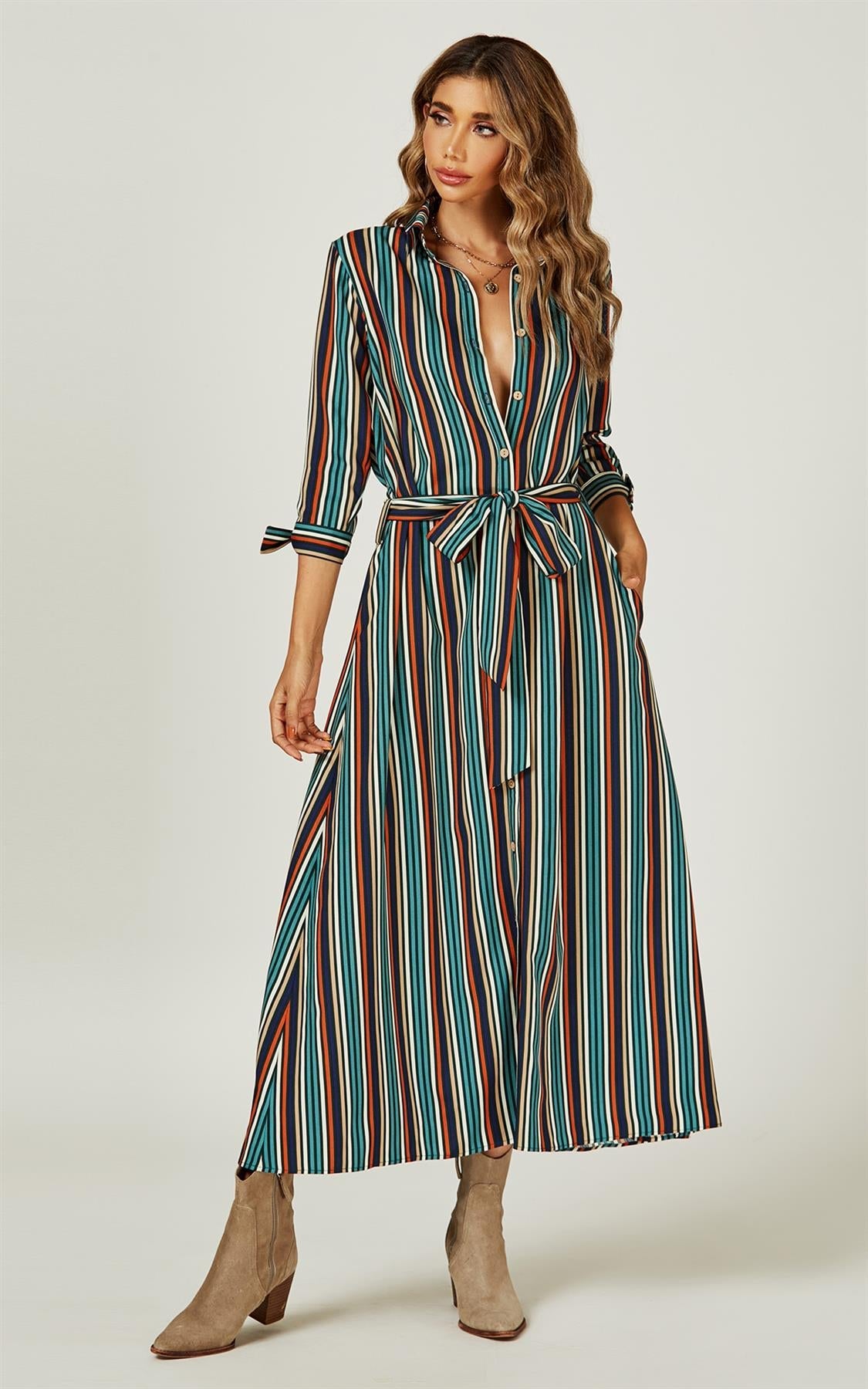 Stripe Print Maxi Shirt Dress In Navy