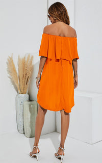 Bardot Frill Off Shoulder Mini Dress In Orange
