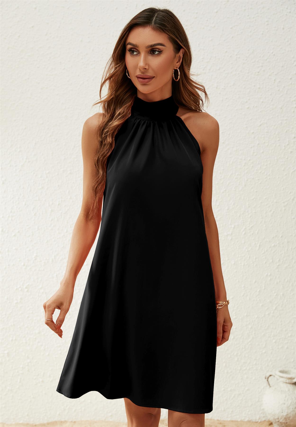 Halter Neck Tie Back Mini Dress In Black
