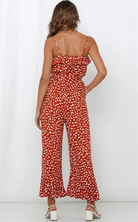 Ruffle Detail Jumpsuit In Orange Spot Print