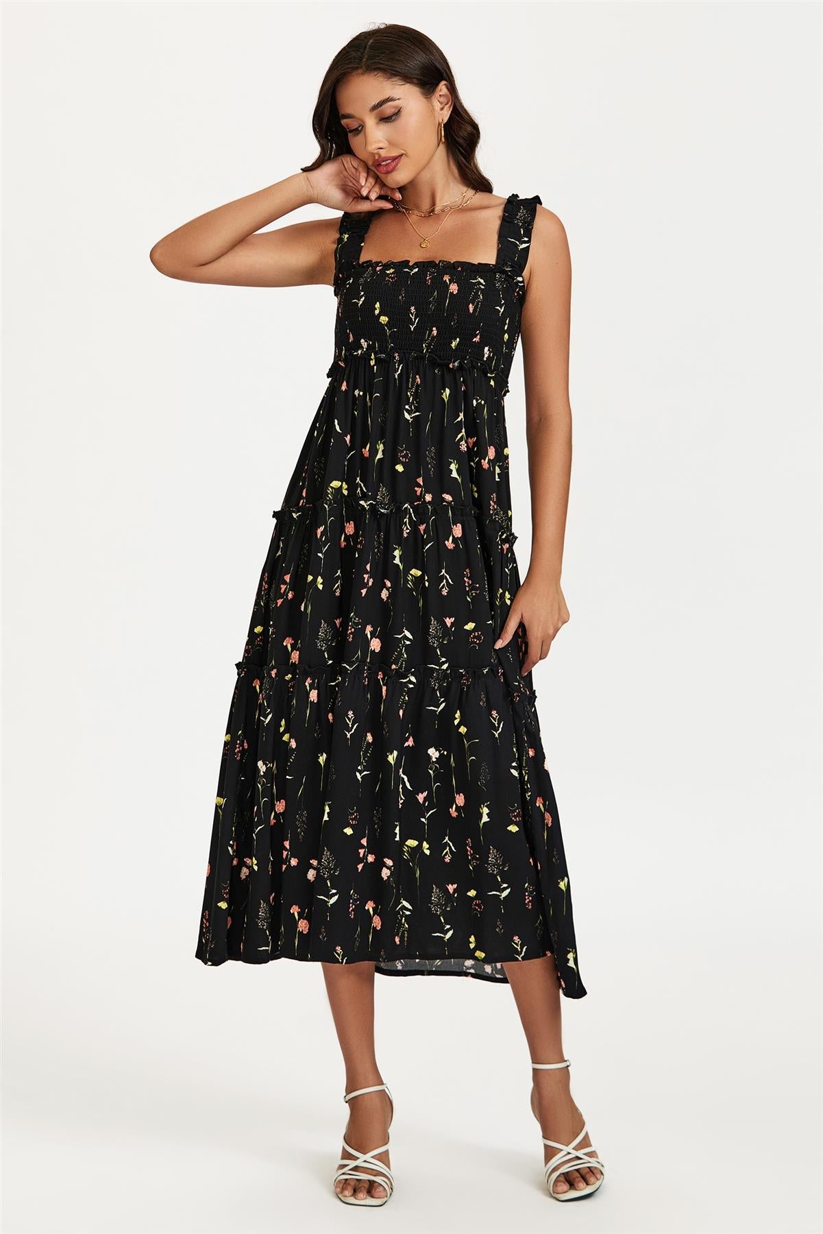 Floral Print Hem Detail Tiered Maxi Dress In Black