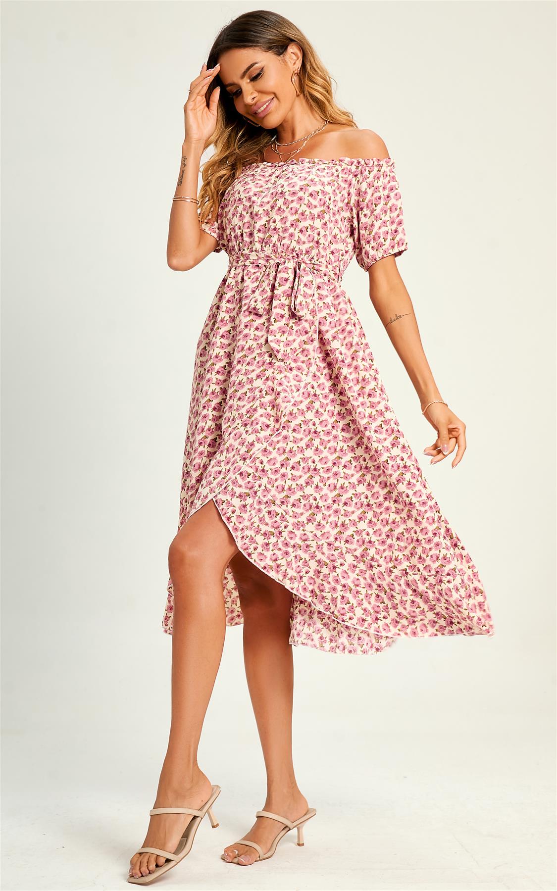 Rose Garden Bardot Frill High Low Slip Midi Dress In Pink