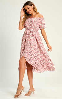 Rose Garden Bardot Frill High Low Slip Midi Dress In Pink