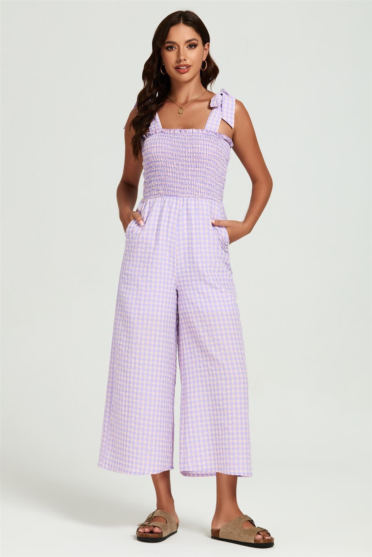 Check Print Tie Detail Jumpsuit In Purple & Pink