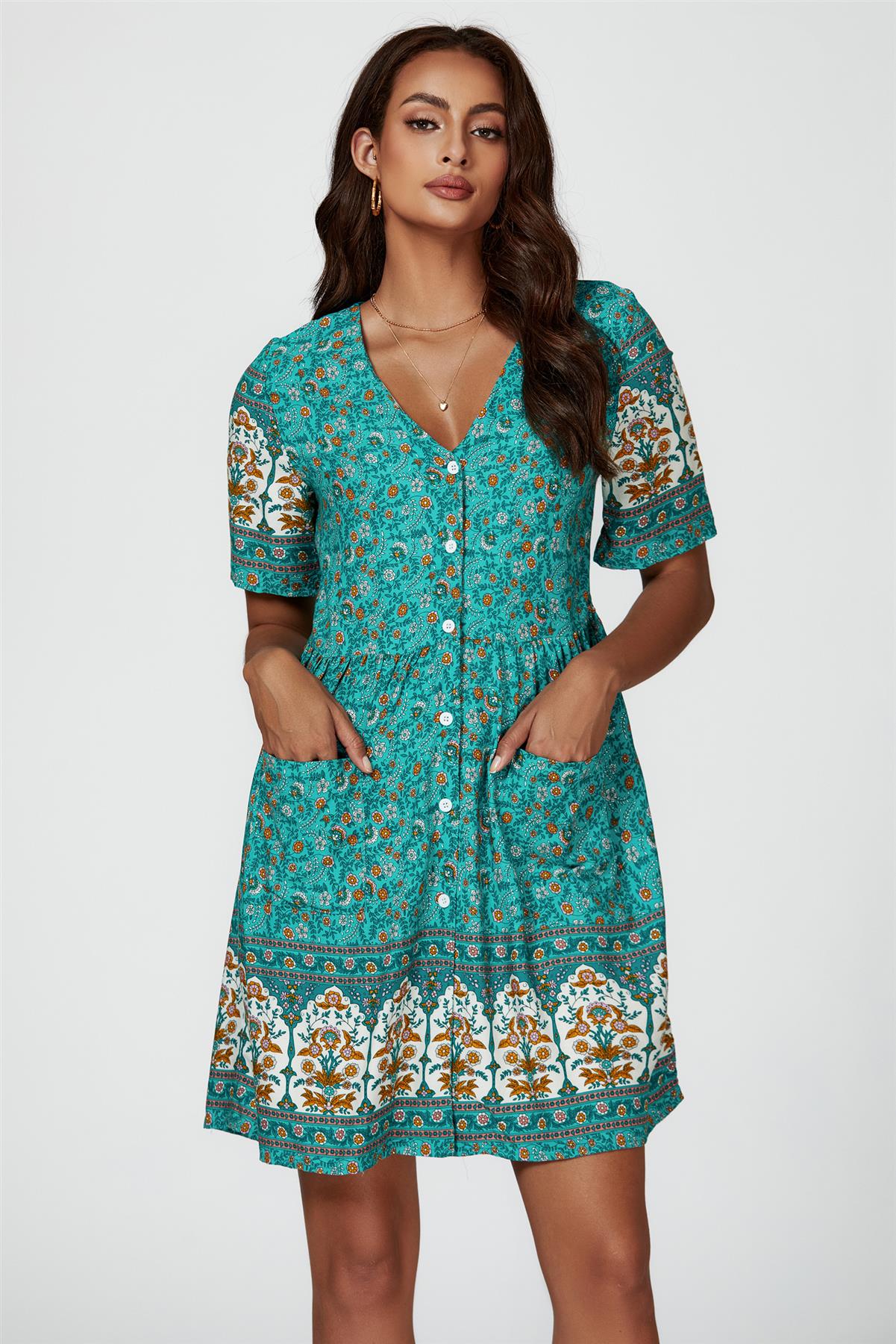 Print Boho Mini Dress In Green