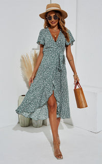 Floral Print Wrap Hem Midi Dress In Green