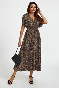 Leopard Print V Neck Midi Dress In Brown