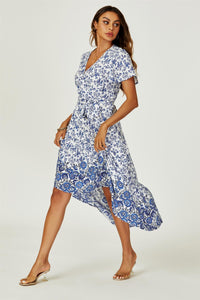 Floral Border Print Hem Tiered Midi Dress In White