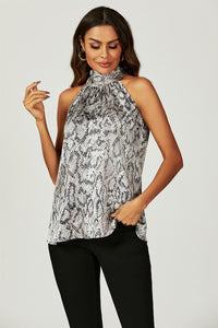 Satin Snake Print Halter Neck Tie Back Top In Silver Grey