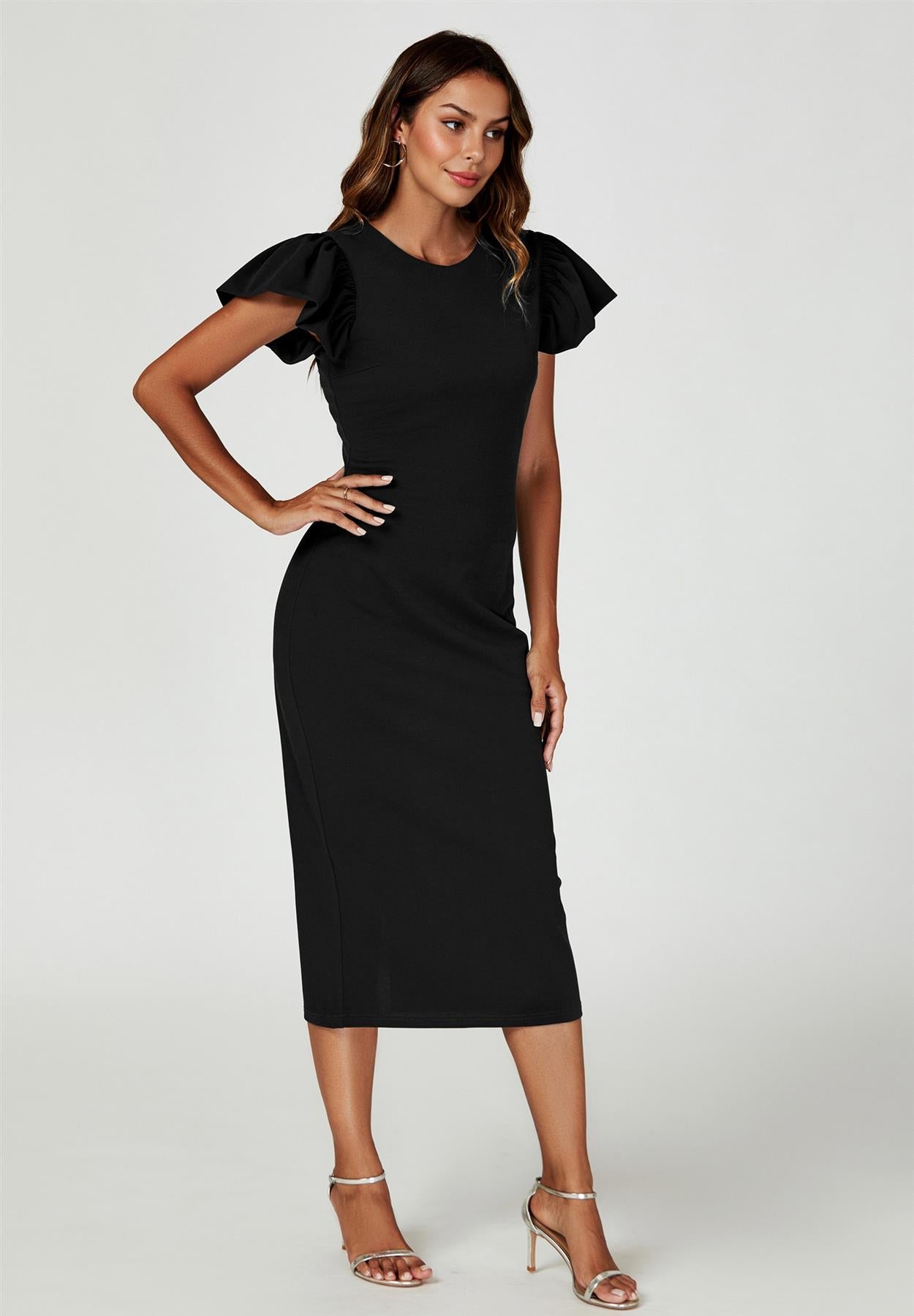 Volume Sleeve Bodycon Midi Dress In Black