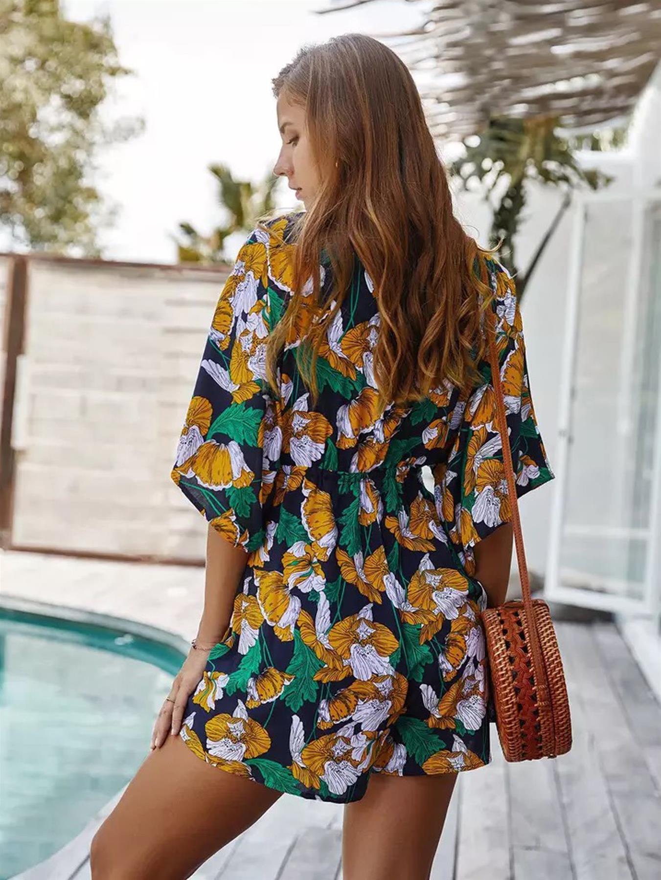 V Neck Playsuit In Navy & Green & Yellow