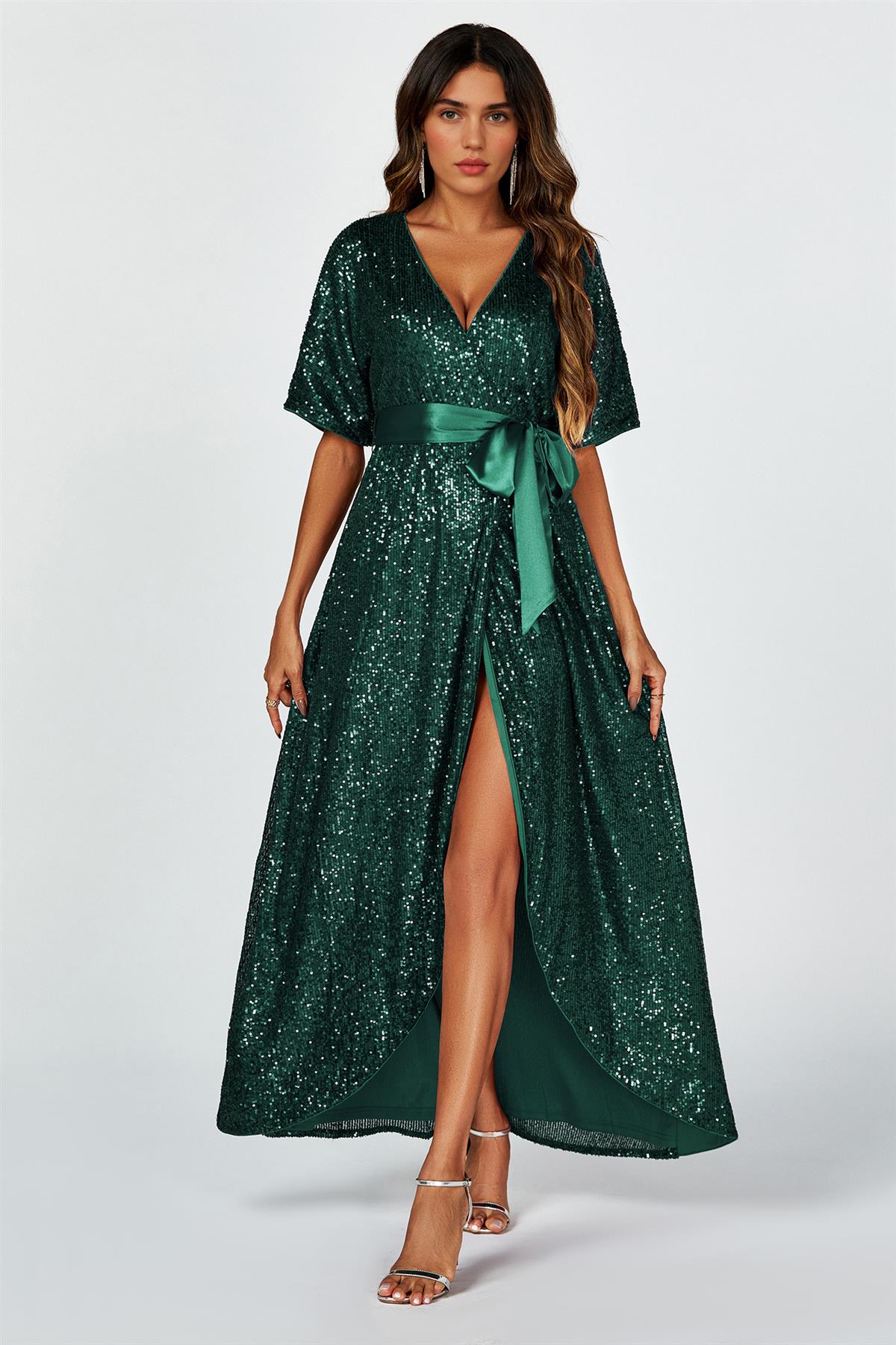 Wrap Style Sequin Maxi Dress In Green
